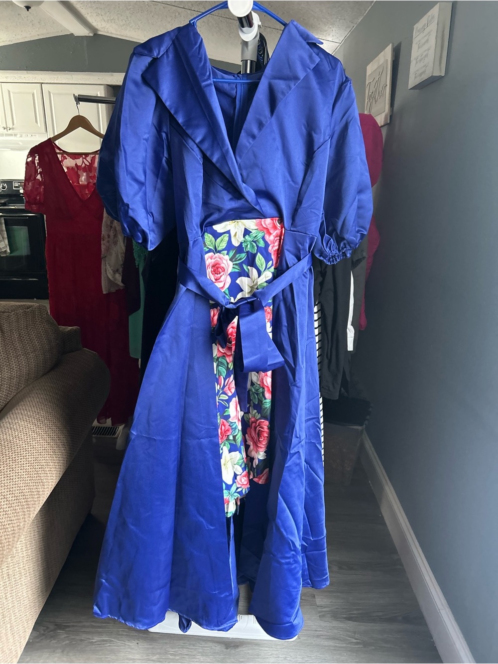 Royal Blue Floral-Panel Dress with Belt